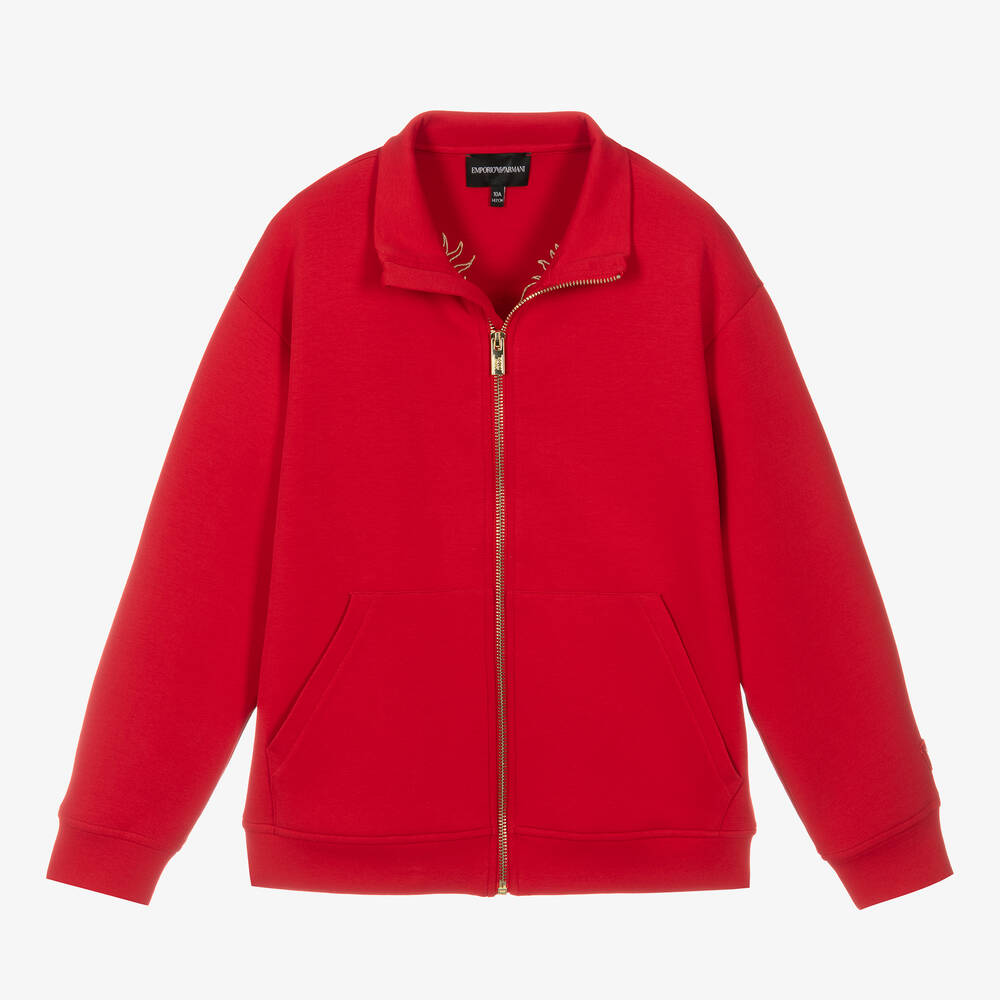 إEmporio Armani-توب بسحّاب قطن جيرسي لون أحمر للمراهقين | Childrensalon Outlet