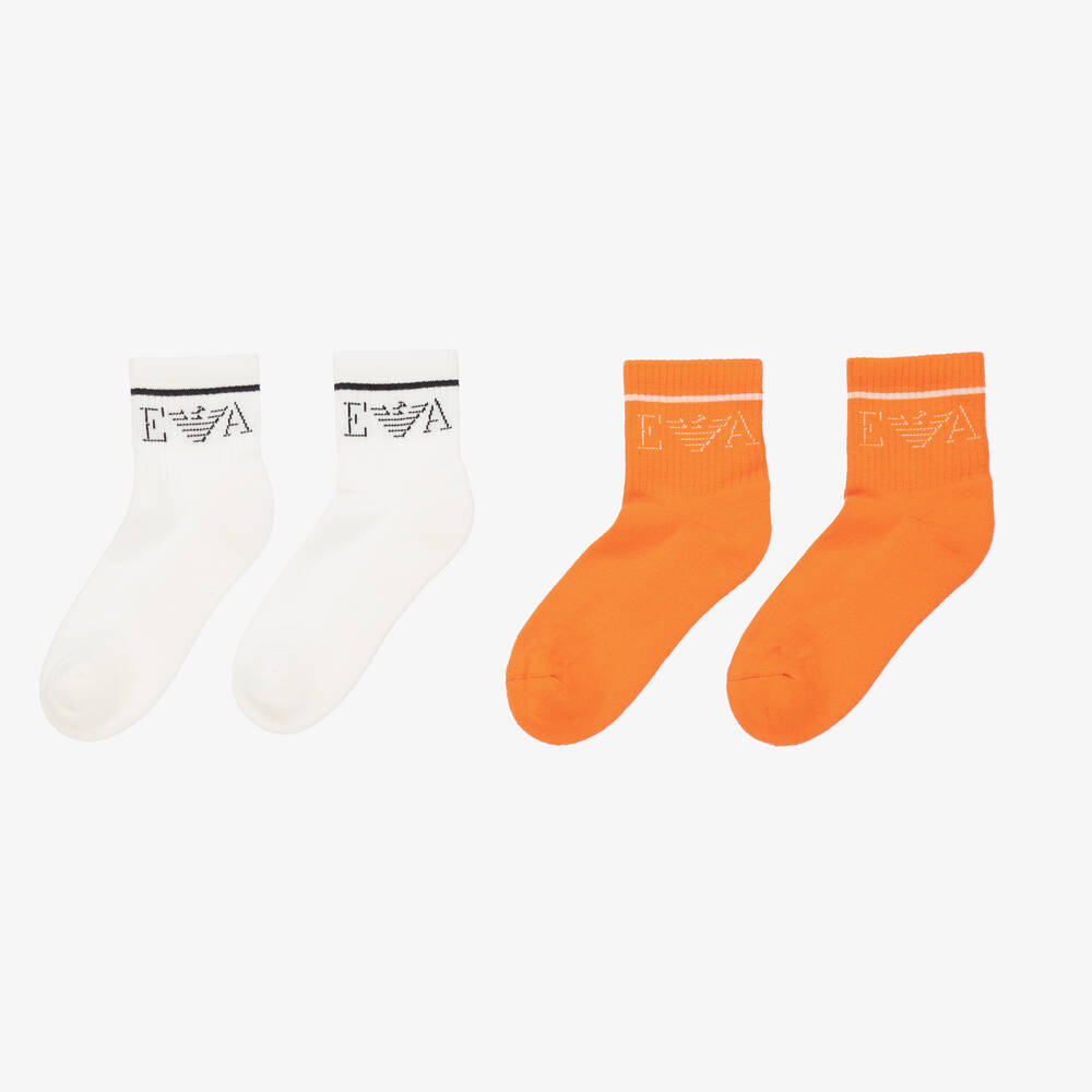 إEmporio Armani-جوارب تينز ولادي مزيج قطن لون أبيض وبرتقالي (عدد 2) | Childrensalon Outlet