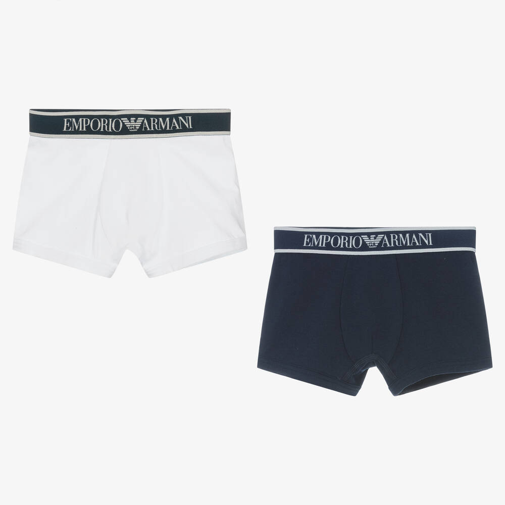 Emporio Armani - Teen Boys White & Blue Boxer Shorts (2 Pack) | Childrensalon