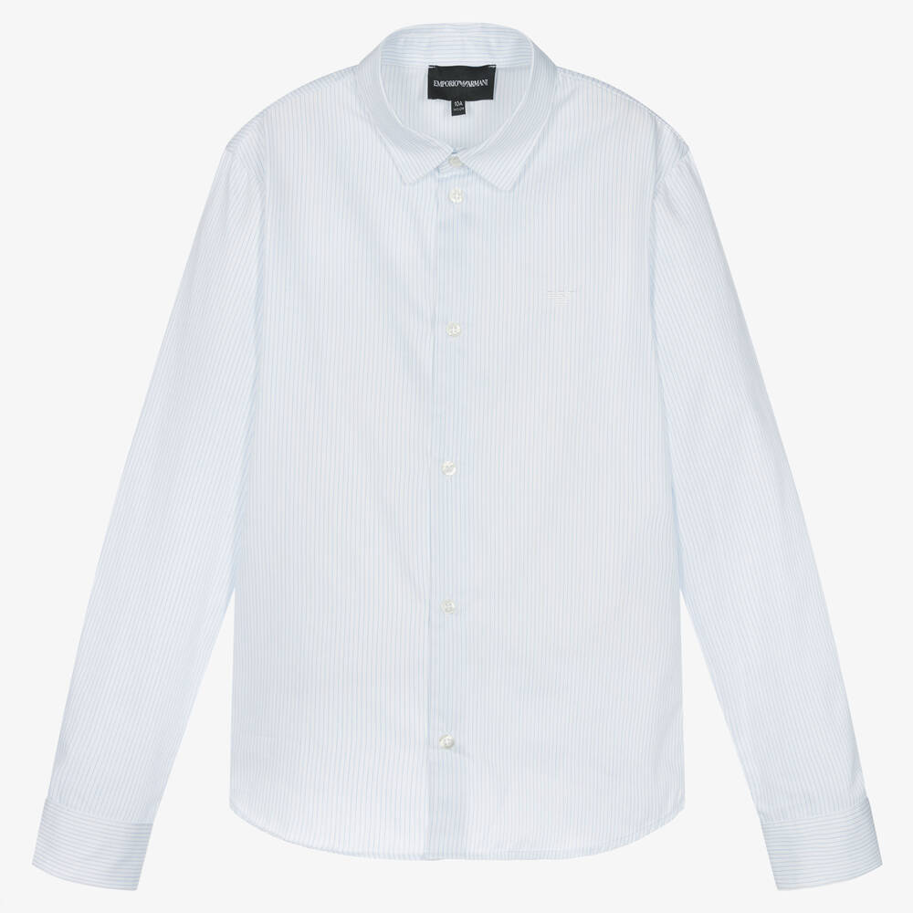 Emporio Armani - Teen Boys White & Blue Striped Cotton Shirt | Childrensalon