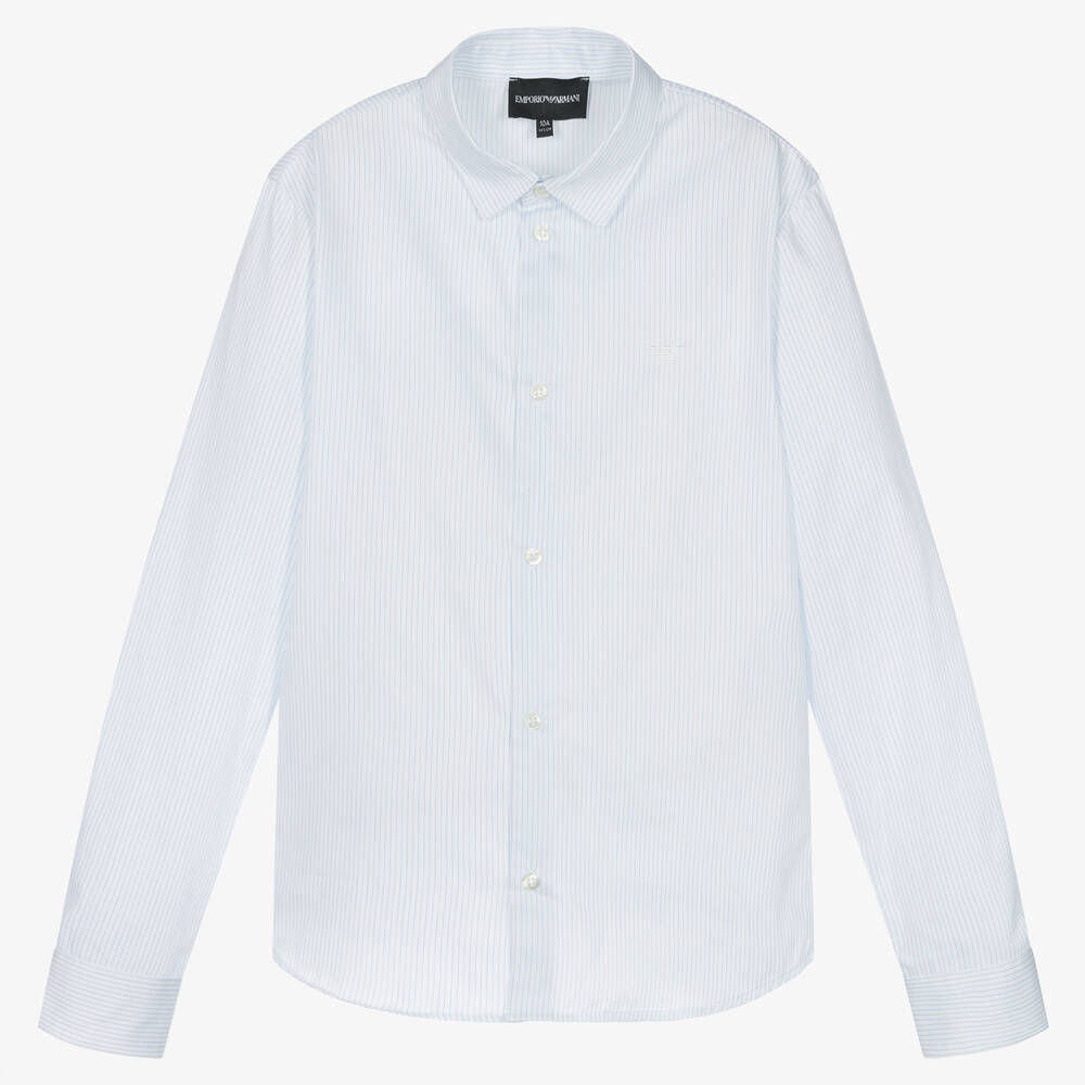 Emporio Armani-قميص تينز ولادي قطن مقلم لون أبيض وأزرق | Childrensalon Outlet