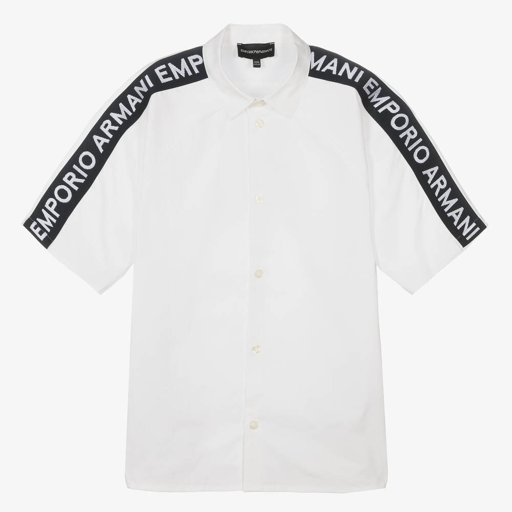 Emporio Armani - Teen Boys White Cotton Logo Tape Shirt | Childrensalon