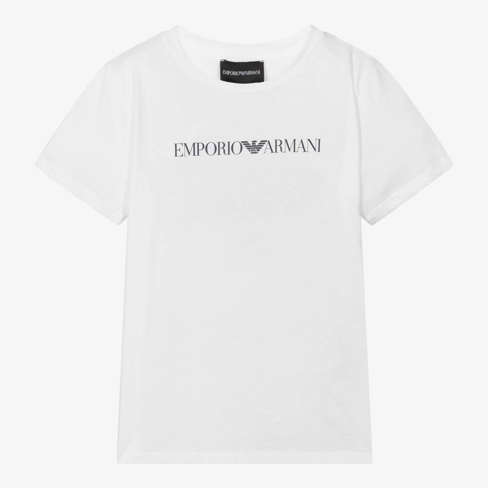 Emporio Armani-Teen Boys White Cotton T-Shirt With Eagle Logo | Childrensalon Outlet