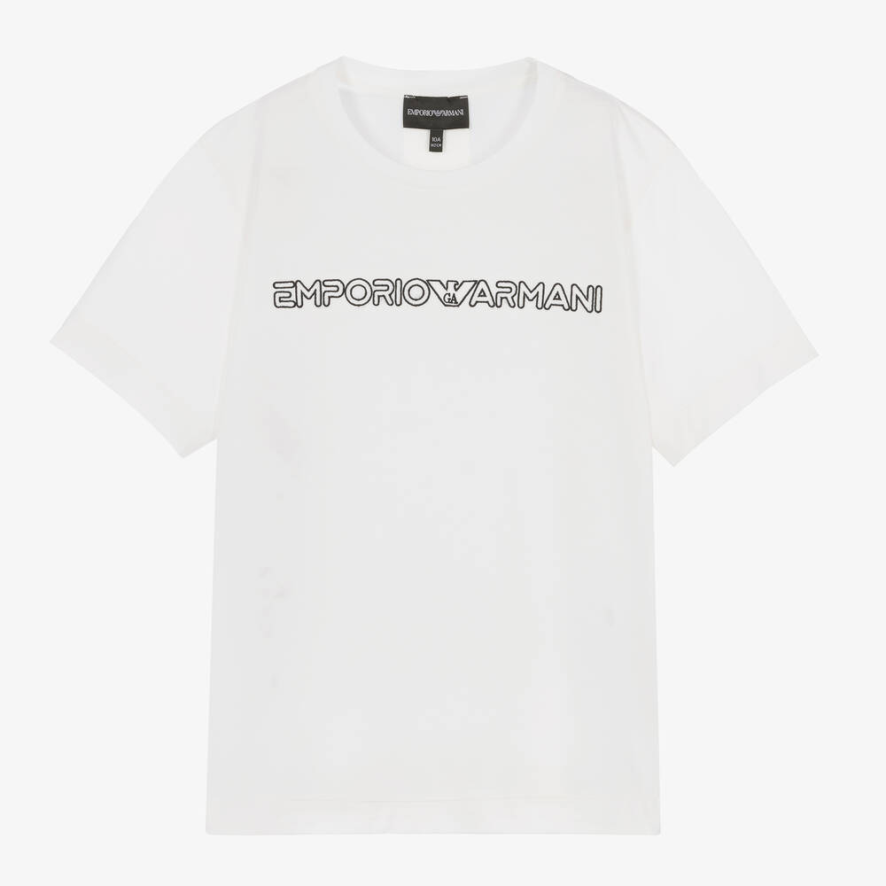 Emporio Armani - Teen Boys White Embroidered Logo T-Shirt | Childrensalon