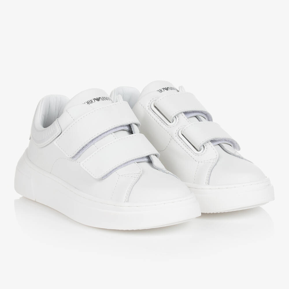 Emporio Armani-ترينرز بشريط لاصق تينز ولادي جلد لون أبيض | Childrensalon Outlet