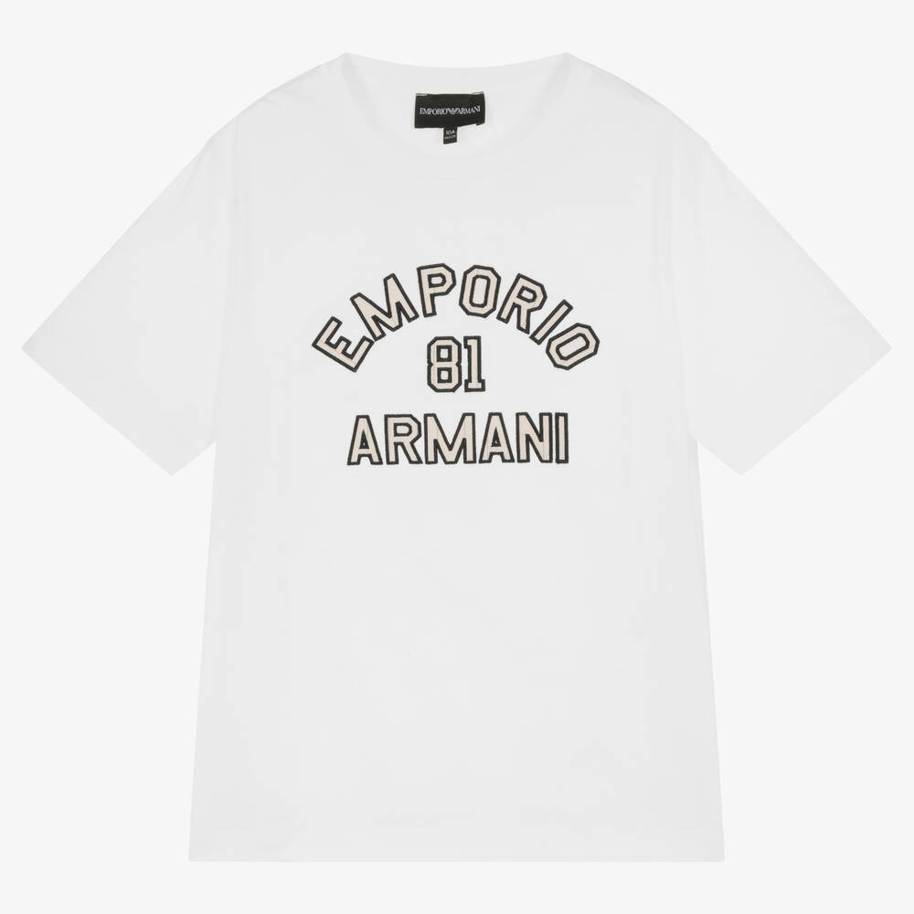 Emporio Armani - تيشيرت تينز ولادي ليوسيل وقطن جيرسي لون أبيض | Childrensalon