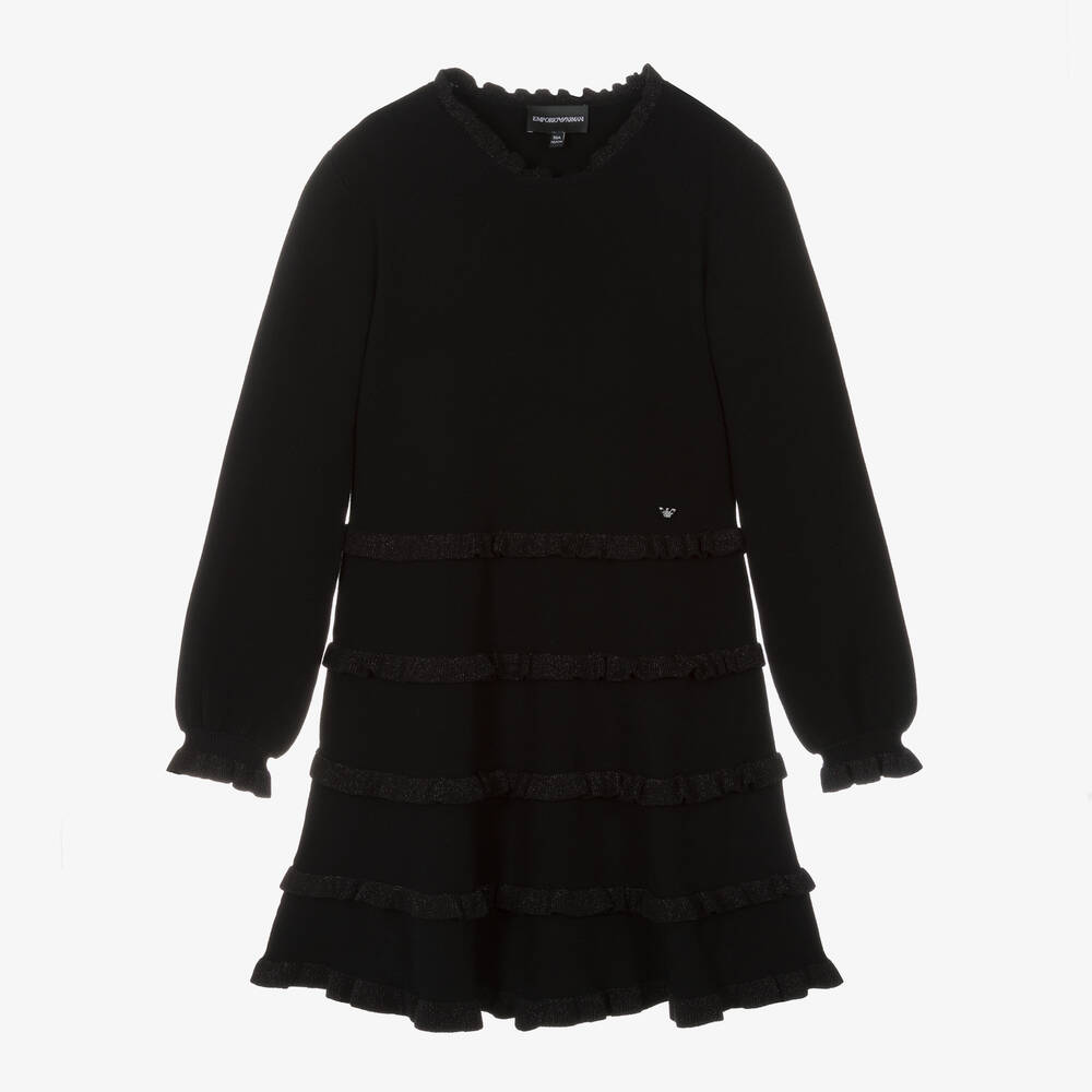 Emporio Armani - فستان مزيج فيسكوز محبوك مزين بكشكش لون أسود | Childrensalon