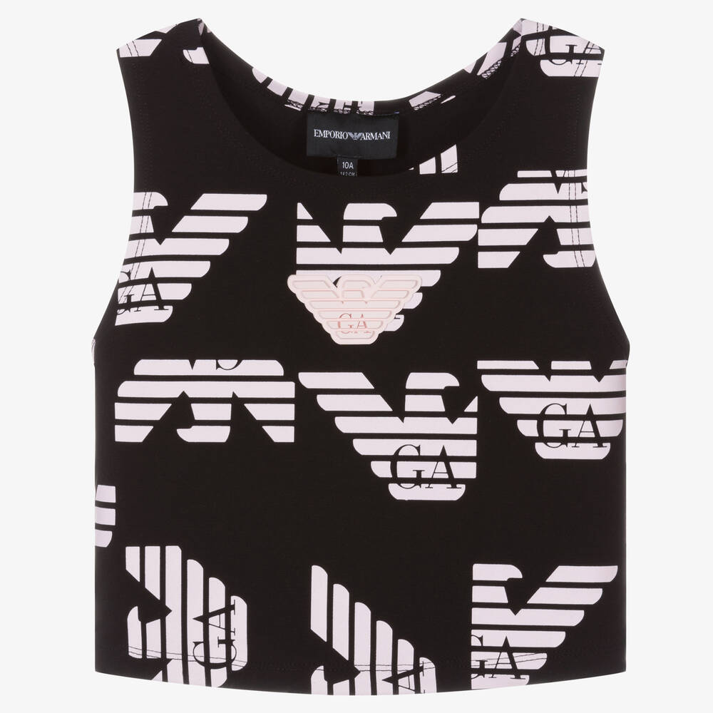 Emporio Armani - Teen Girls Black & Pink Cotton Crop Top | Childrensalon