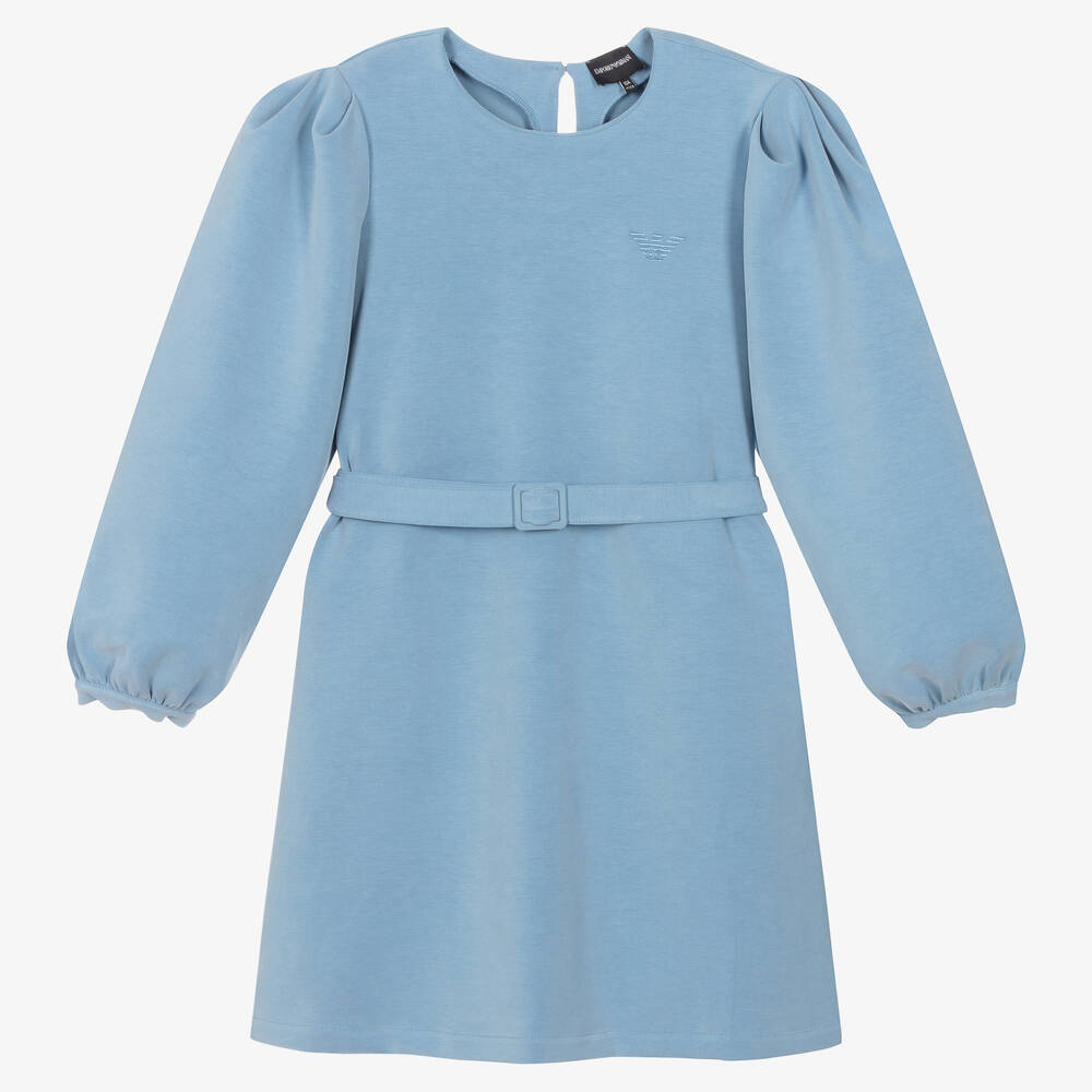 Emporio Armani Teen Girls Blue Puffed Sleeve Dress Childrensalon Outlet
