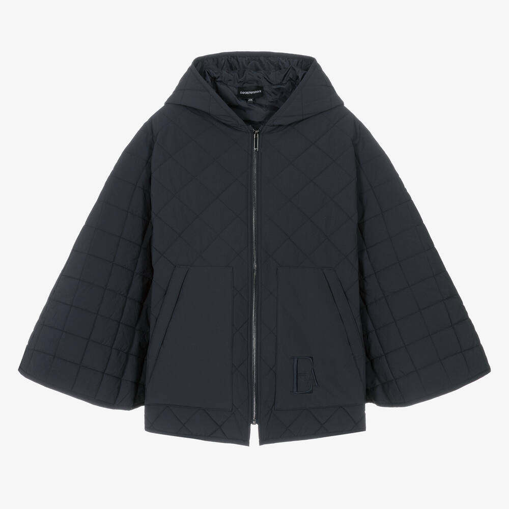 Emporio Armani - Teen Girls Blue Quilted Hooded Cape  | Childrensalon