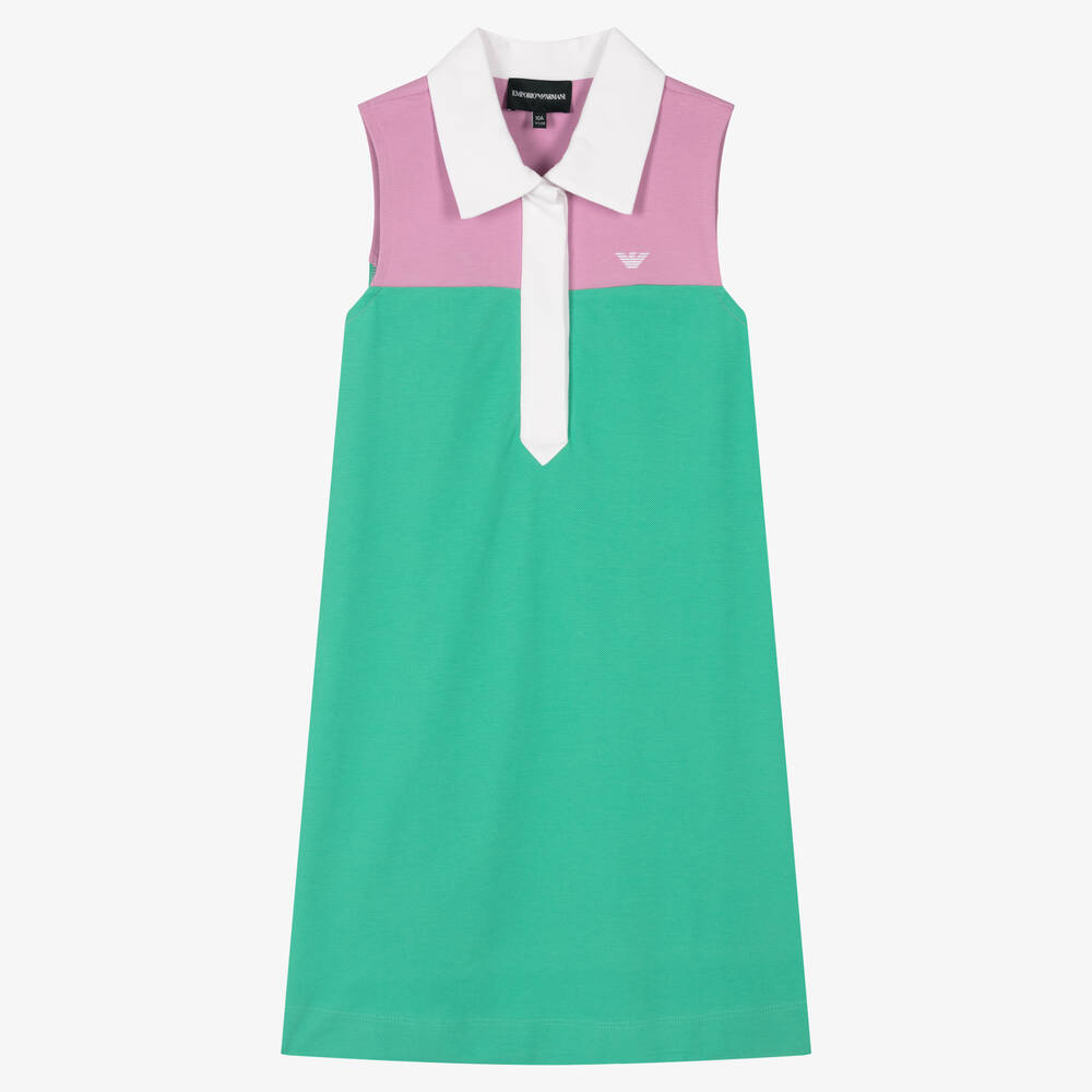 Emporio Armani - فستان تينز بناتي قطن بيكيه لون أخضر وزهري | Childrensalon