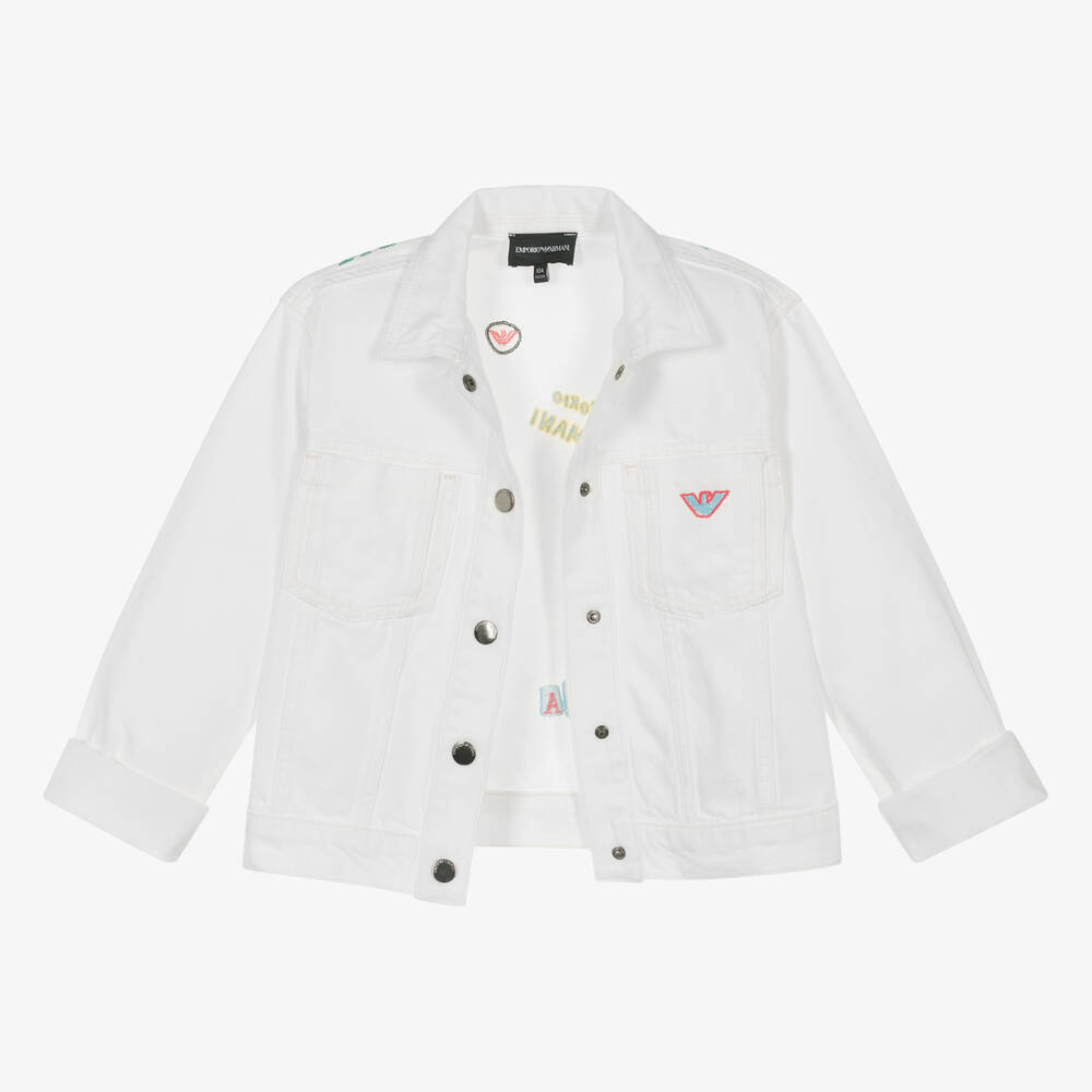 Emporio Armani-Teen Girls Ivory Embroidered Denim Jacket | Childrensalon Outlet