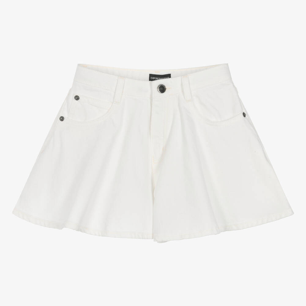 Emporio Armani-Teen Girls White Denim Flared Shorts | Childrensalon Outlet