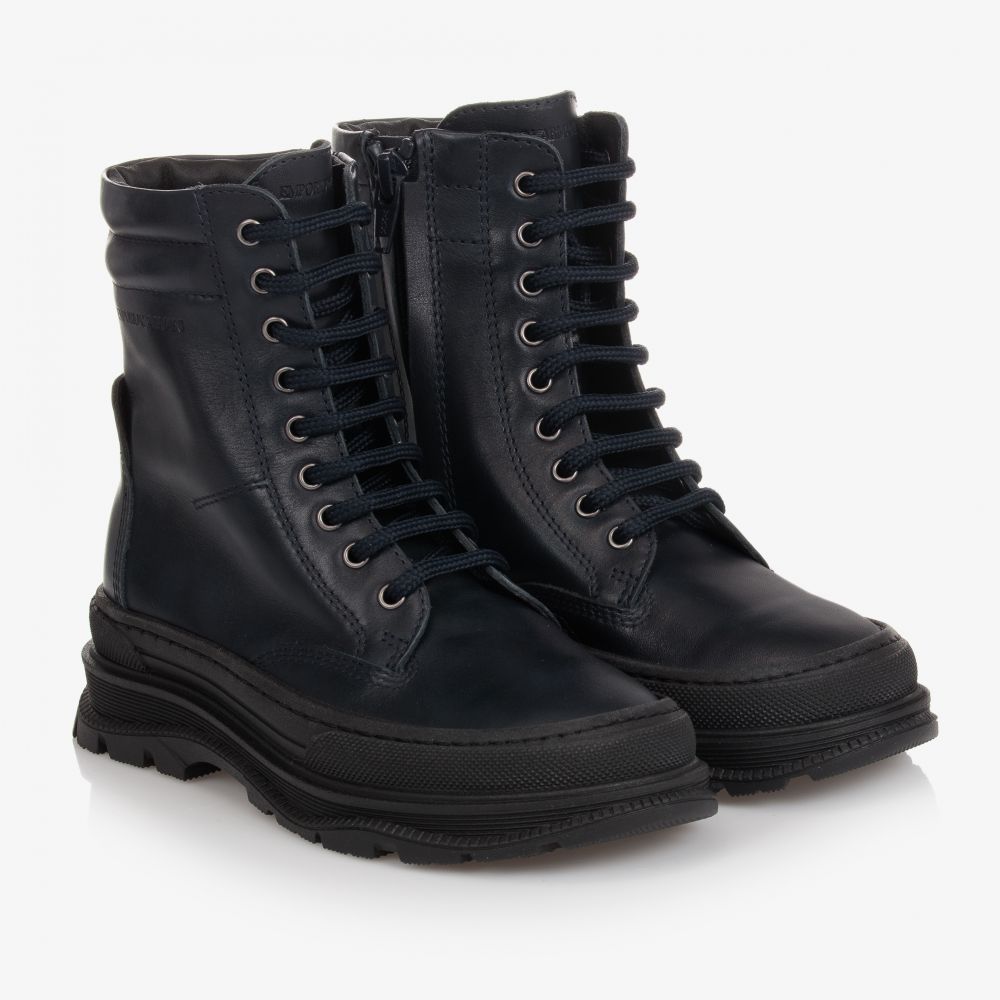 Emporio Armani - Teen Navy Leather Boots | Childrensalon