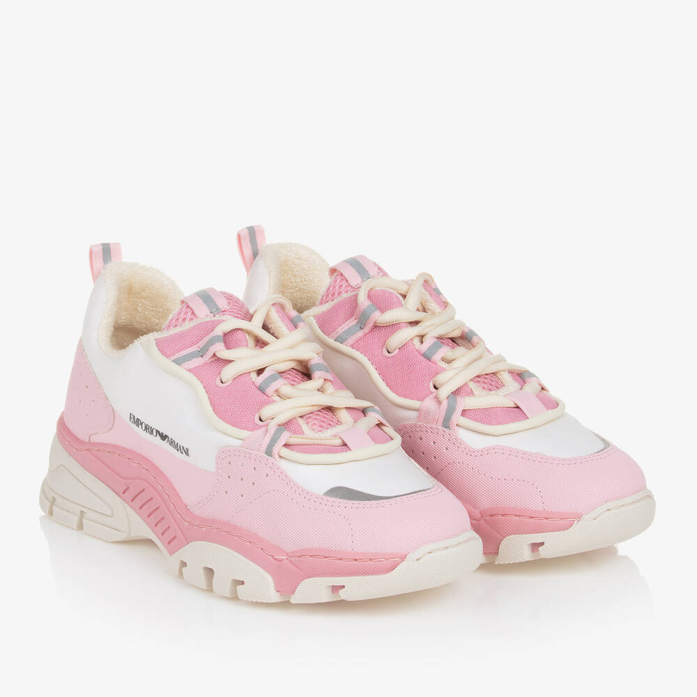 Emporio Armani - Teen Pink & Ivory Lace-Up Trainers | Childrensalon