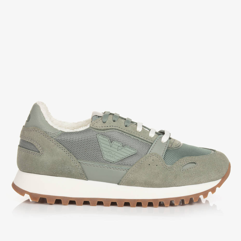 Emporio Armani Teen Sage Green Suede Leather Trainers Childrensalon Outlet
