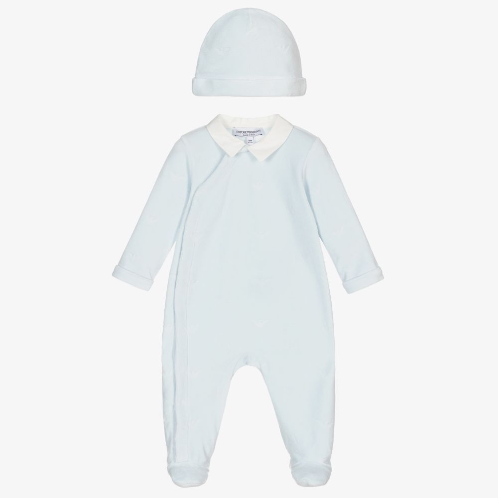 Emporio Armani - طقم هدية بيبي غرو وقبعة قطن قطيفة لون أزرق باهت للأطفال | Childrensalon