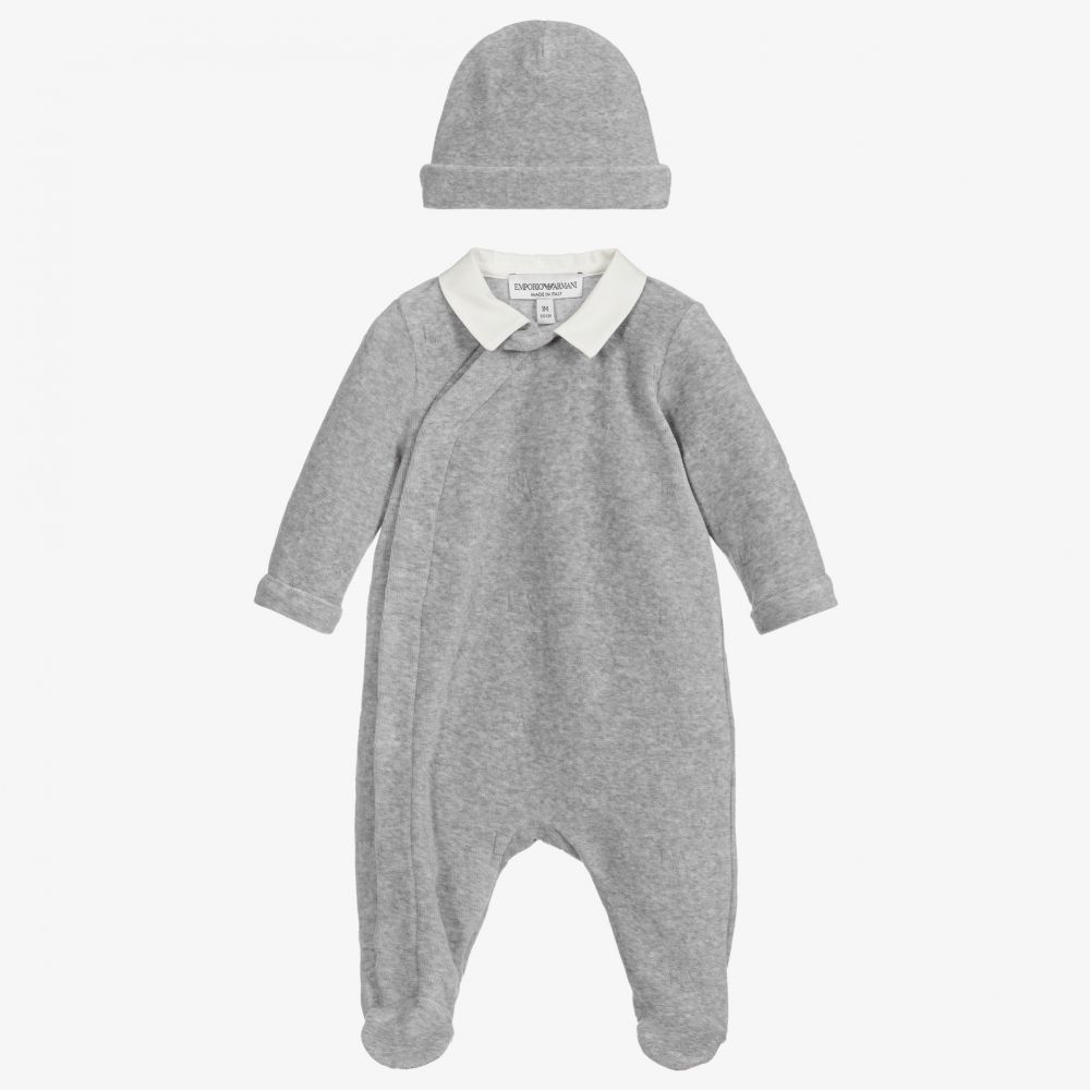 Emporio Armani - Velour Babygrow & Hat Gift Set | Childrensalon