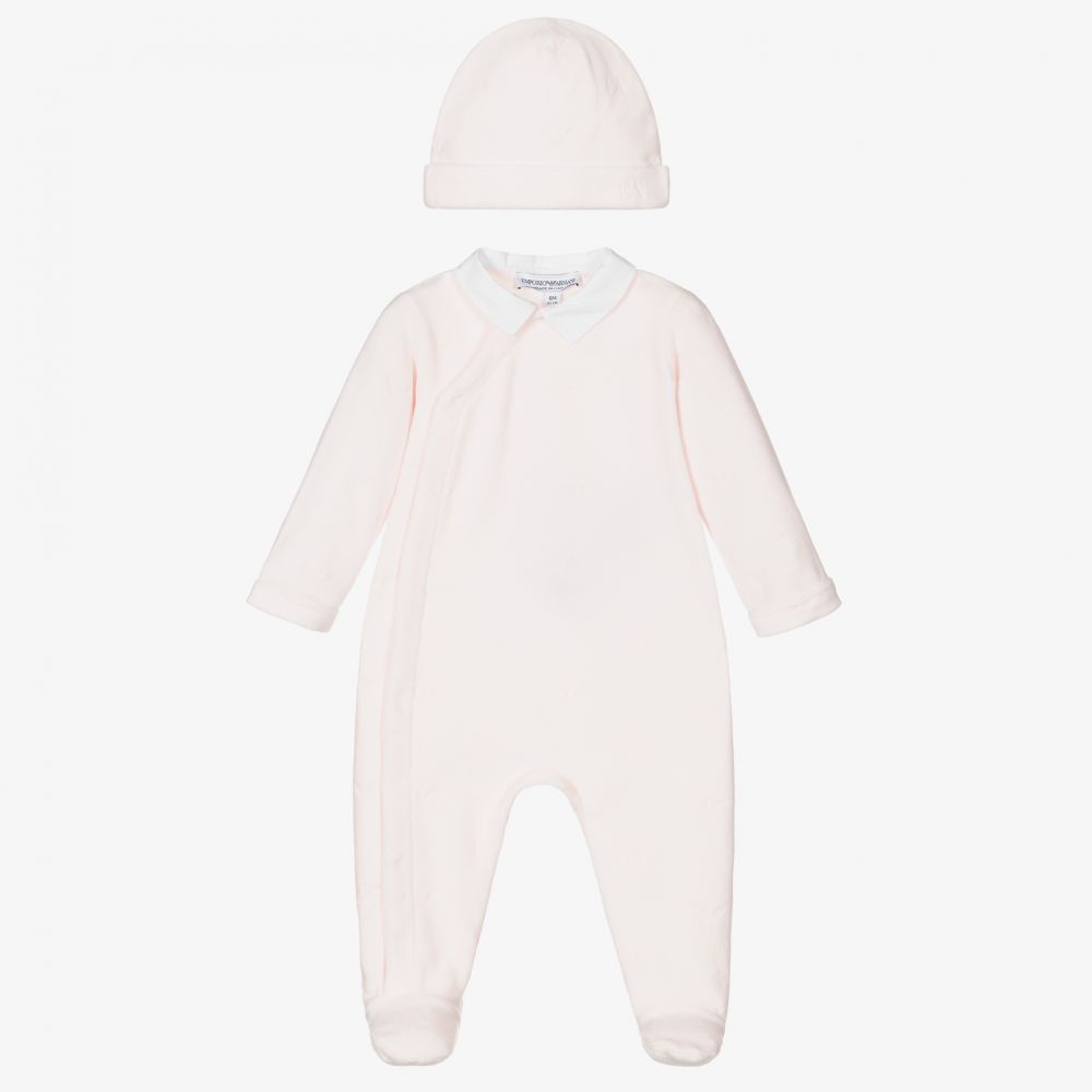 Emporio Armani - طقم هدية بيبي غرو وقبعة قطن قطيفة لون زهري للمولودات | Childrensalon