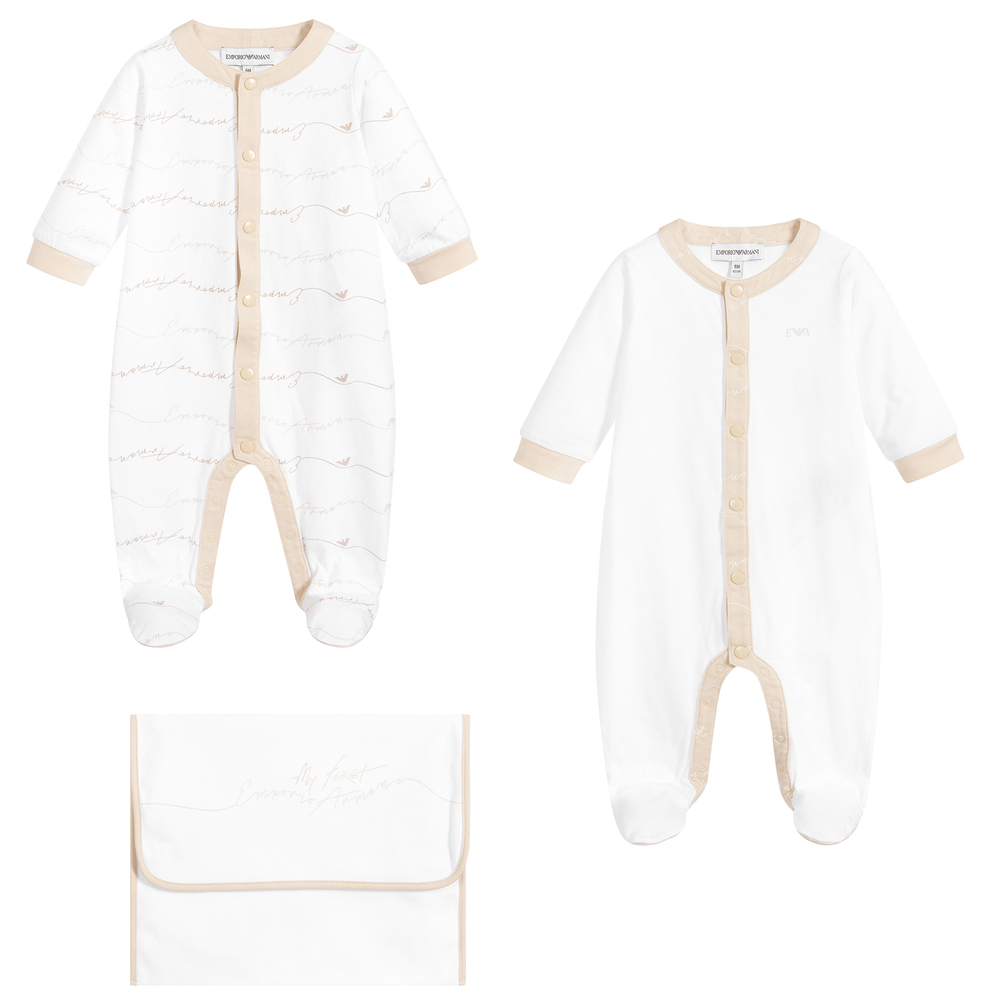 Emporio Armani - Ensemble grenouillère blanche et beige | Childrensalon