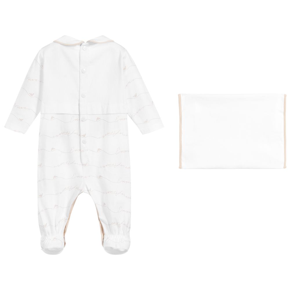 Emporio Armani - White & Beige Cotton Babygrow