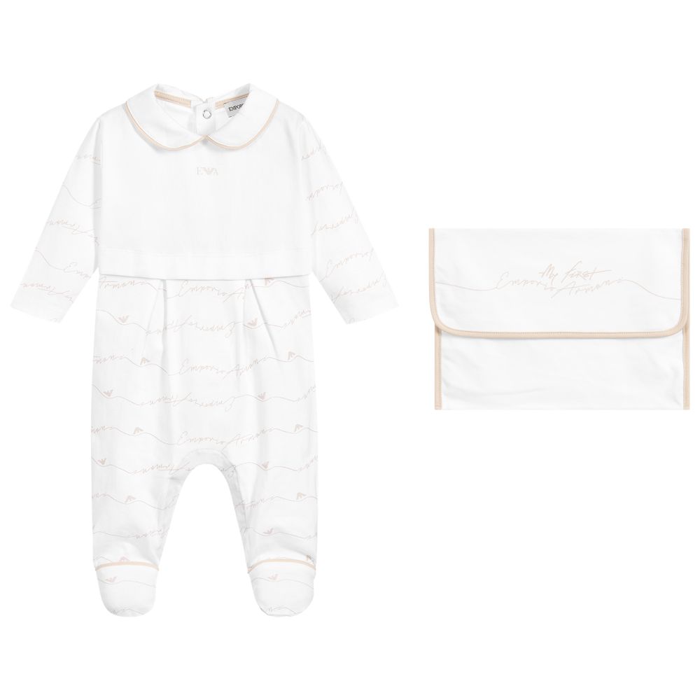 Emporio Armani - White & Beige Cotton Babygrow | Childrensalon