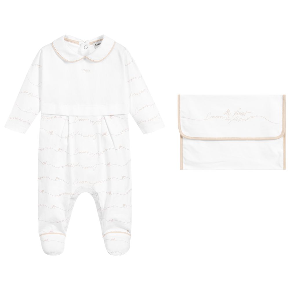 Emporio Armani - Grenouillère blanche et beige en coton | Childrensalon