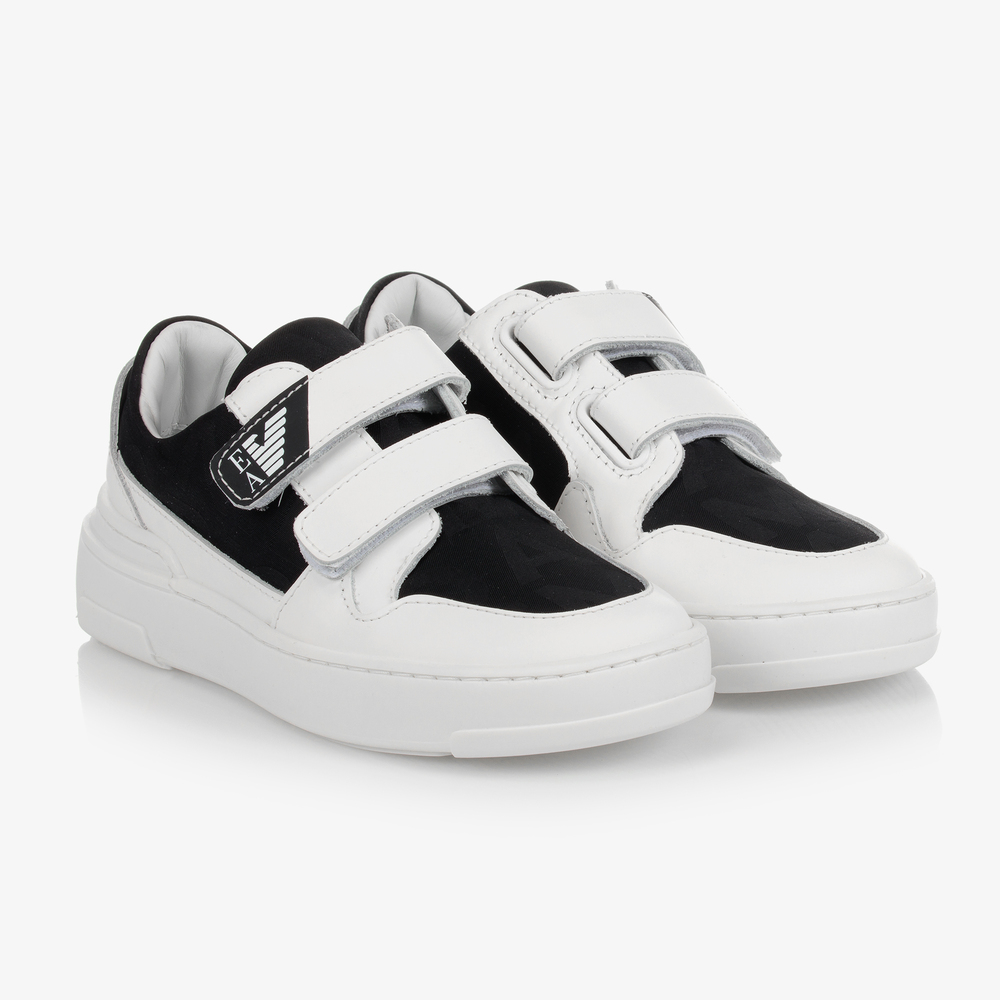 Emporio Armani - White & Black Velcro Trainers | Childrensalon