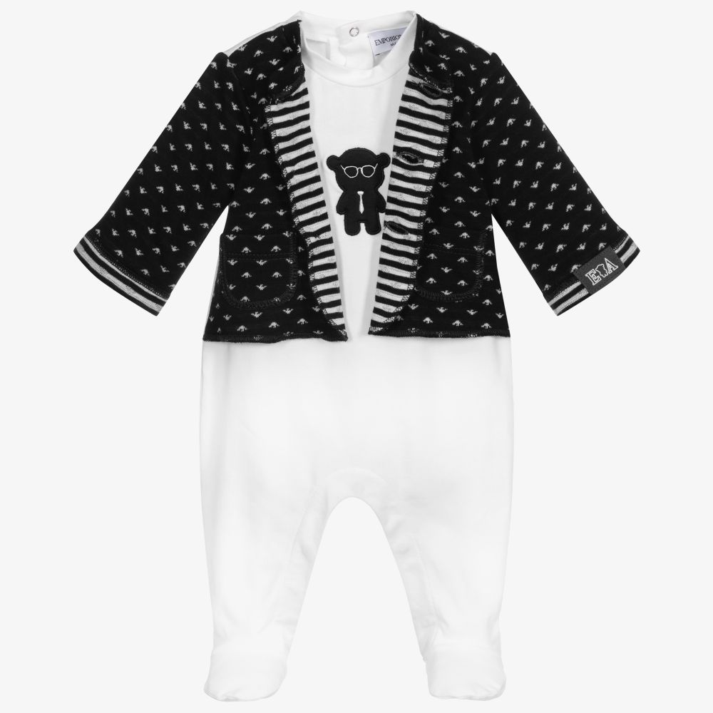 Emporio Armani - White & Blue Logo Babygrow | Childrensalon