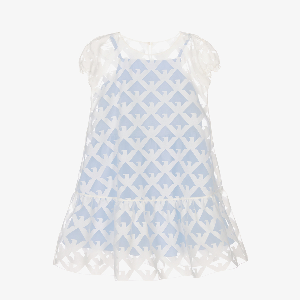 Emporio Armani - Robe blanche/bleue en organza | Childrensalon