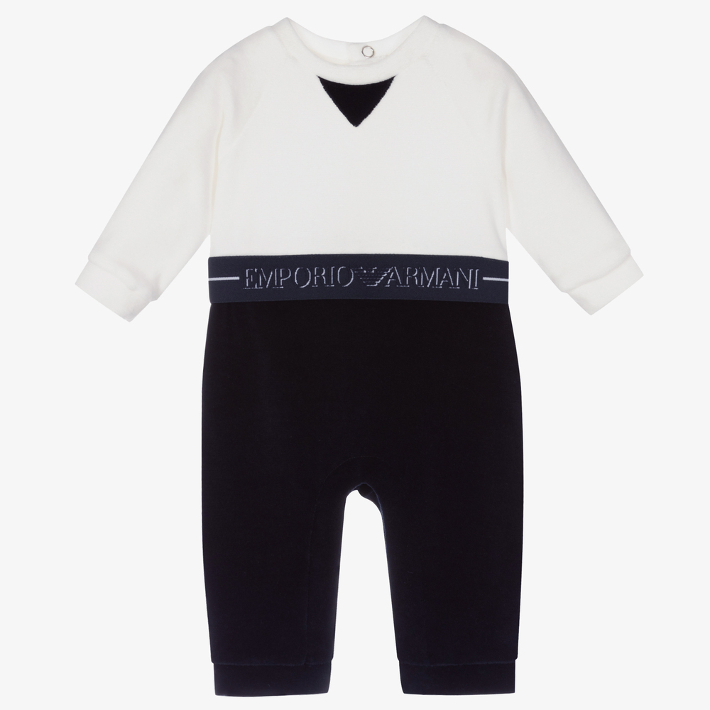 Emporio Armani - Combinaison bleue blanche velours | Childrensalon