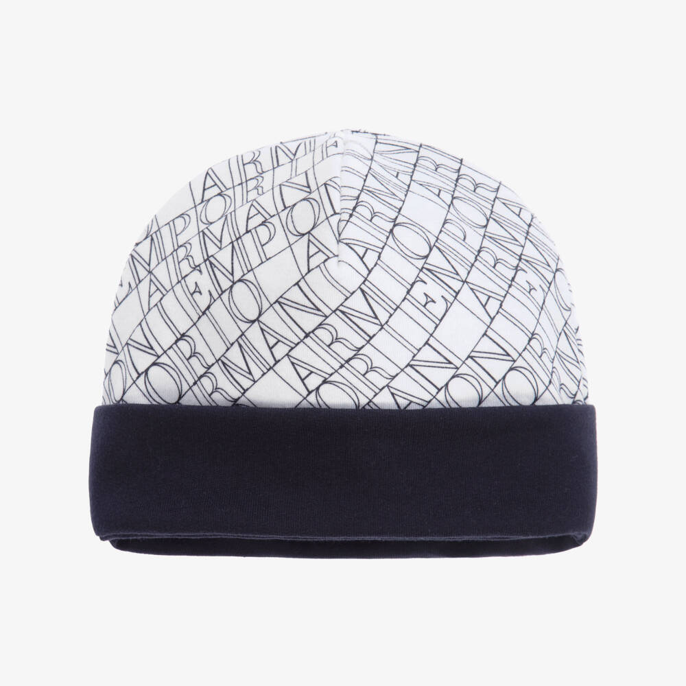 Emporio Armani-قبعة بيني قطن لون أبيض وكحلي للمواليد | Childrensalon Outlet