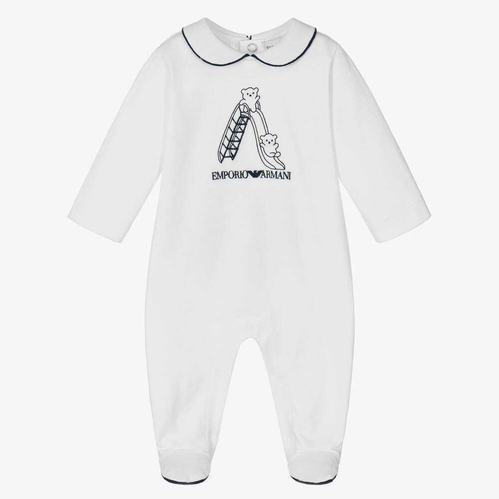 Emporio Armani - White Cotton Piqué Logo Babygrow | Childrensalon
