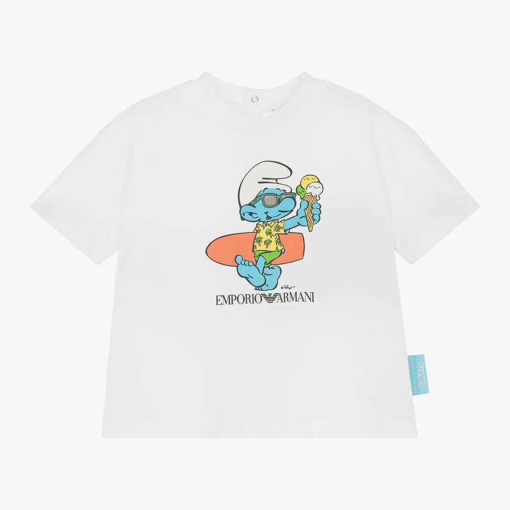 Emporio Armani-White Cotton Smurfs Baby T-Shirt | Childrensalon Outlet
