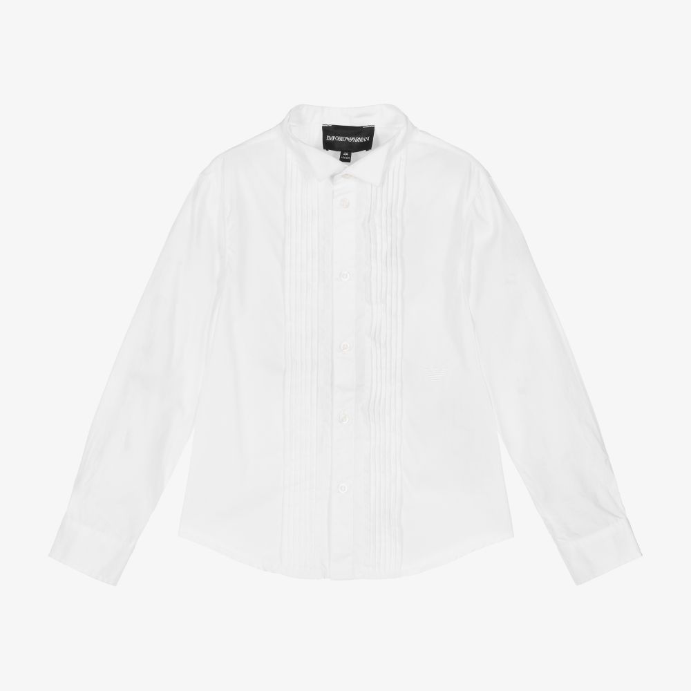 Emporio Armani - قميص بياقة قطن بوبلين لون أبيض للأولاد | Childrensalon
