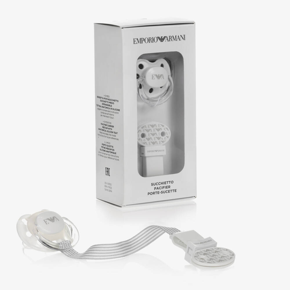 Emporio Armani-White Dummy & Clip Set | Childrensalon Outlet