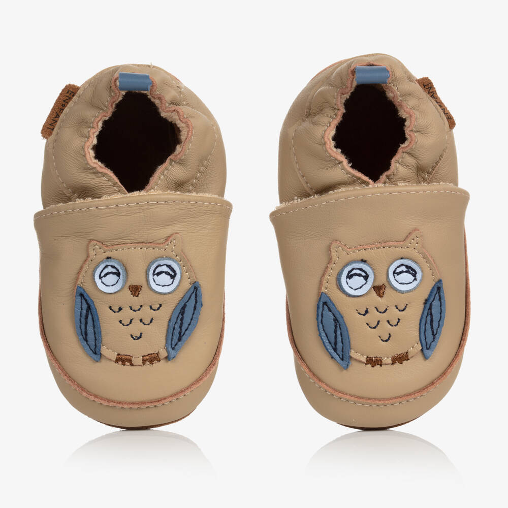 EN FANT-Кожаные бежевые тапочки для малышей с совой | Childrensalon Outlet