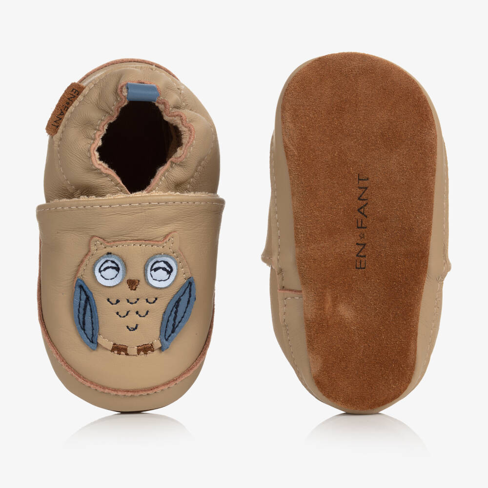 EN FANT-Кожаные бежевые тапочки для малышей с совой | Childrensalon Outlet