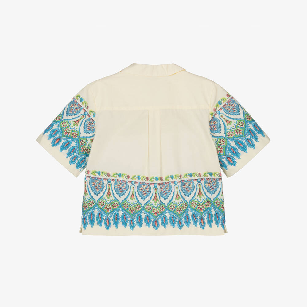 Etro-Boys Ivory Cotton Shirt with Blue Geometric Floral Print | Childrensalon Outlet