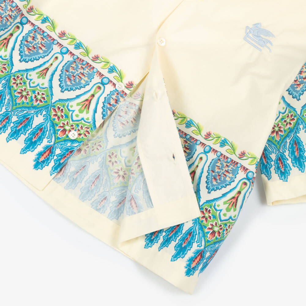 Etro-Boys Ivory Cotton Shirt with Blue Geometric Floral Print | Childrensalon Outlet