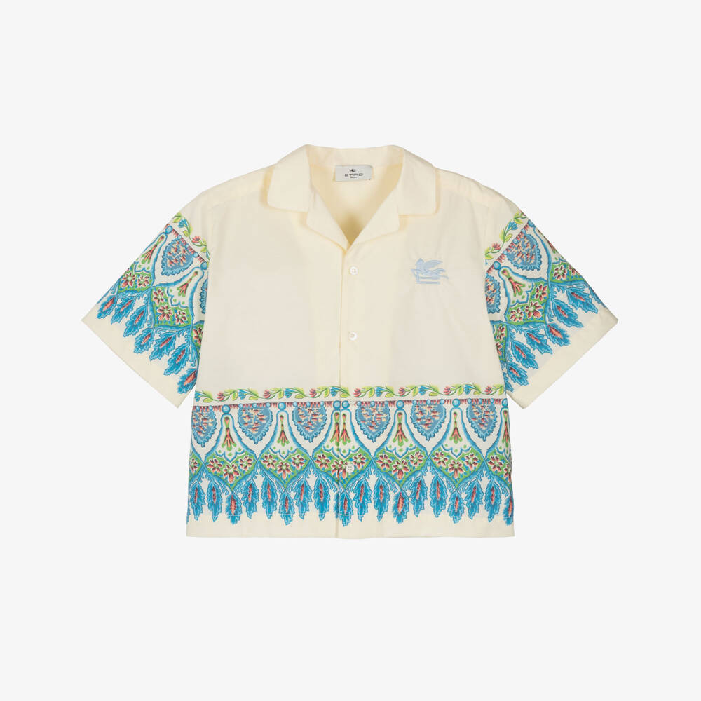 Etro-Boys Ivory Cotton Shirt with Blue Geometric Floral Print | Childrensalon Outlet