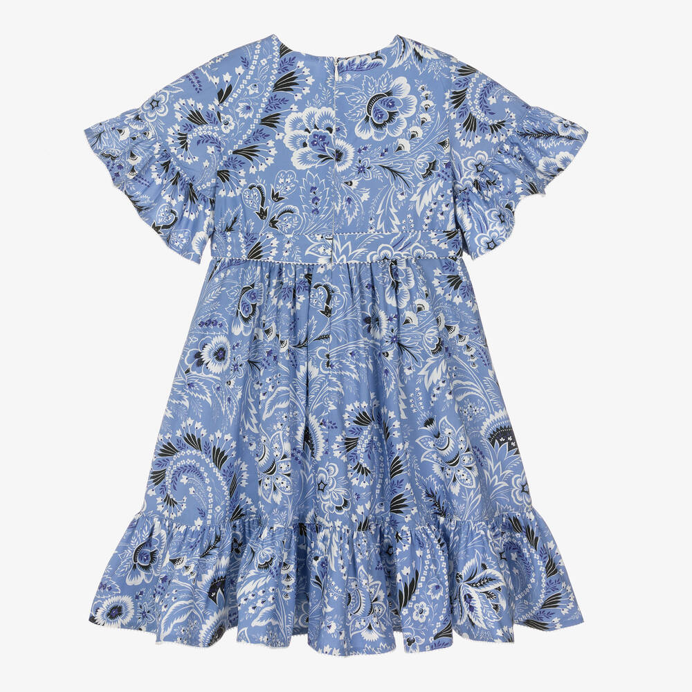 Etro-فستان قطن بوبلين لون أزرق بطبعة ورود | Childrensalon Outlet