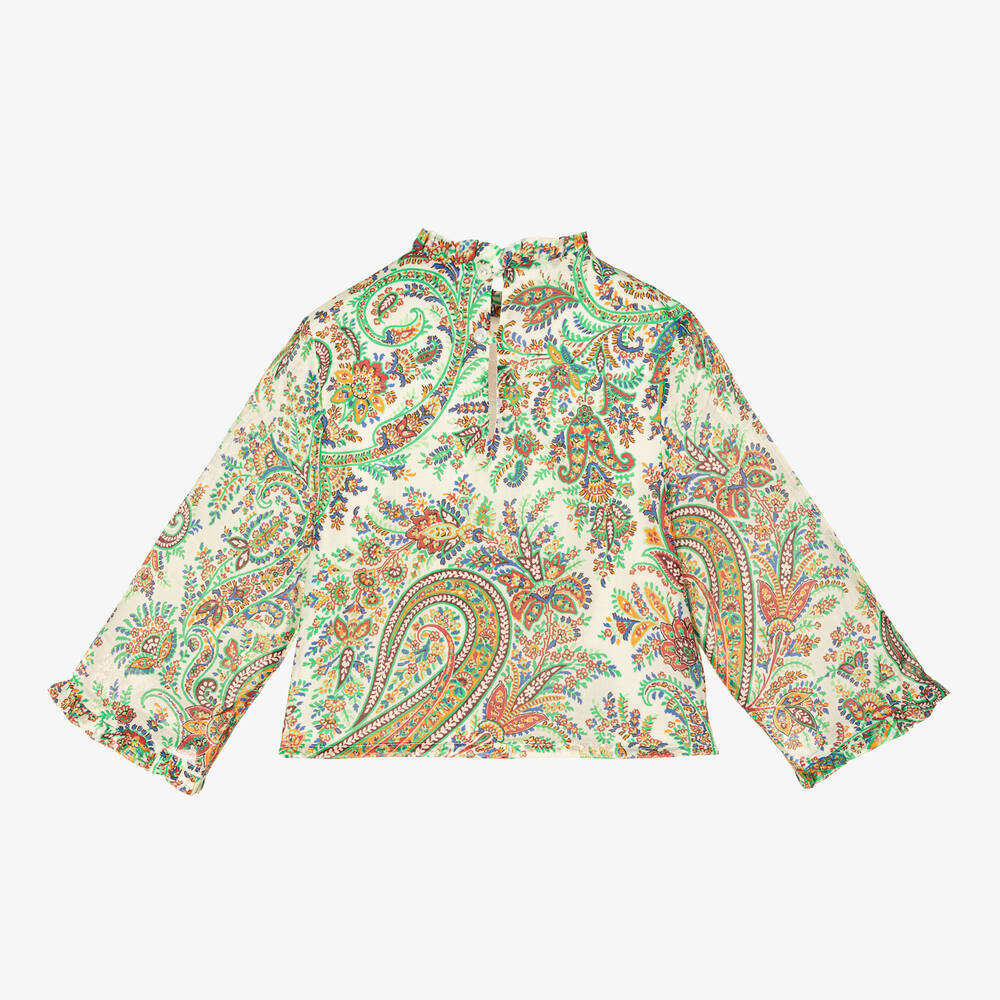 Etro-بلوزة قطن لون عاجي وأخضر للبنات | Childrensalon Outlet