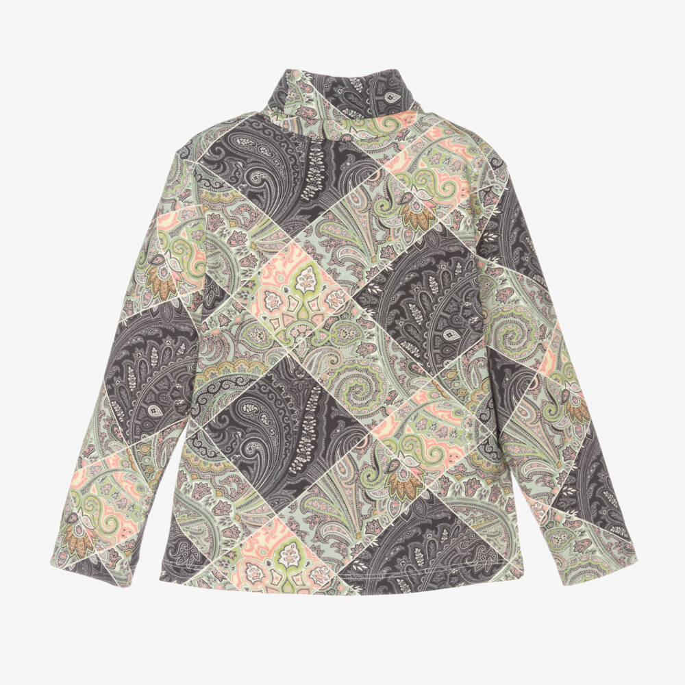 Etro-توب بياقة عالية بطبعة بيزلي قطن لون أخضر للبنات | Childrensalon Outlet