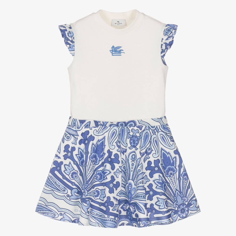 Etro-Girls Ivory & Blue Floral Paisley Cotton Dress | Childrensalon Outlet