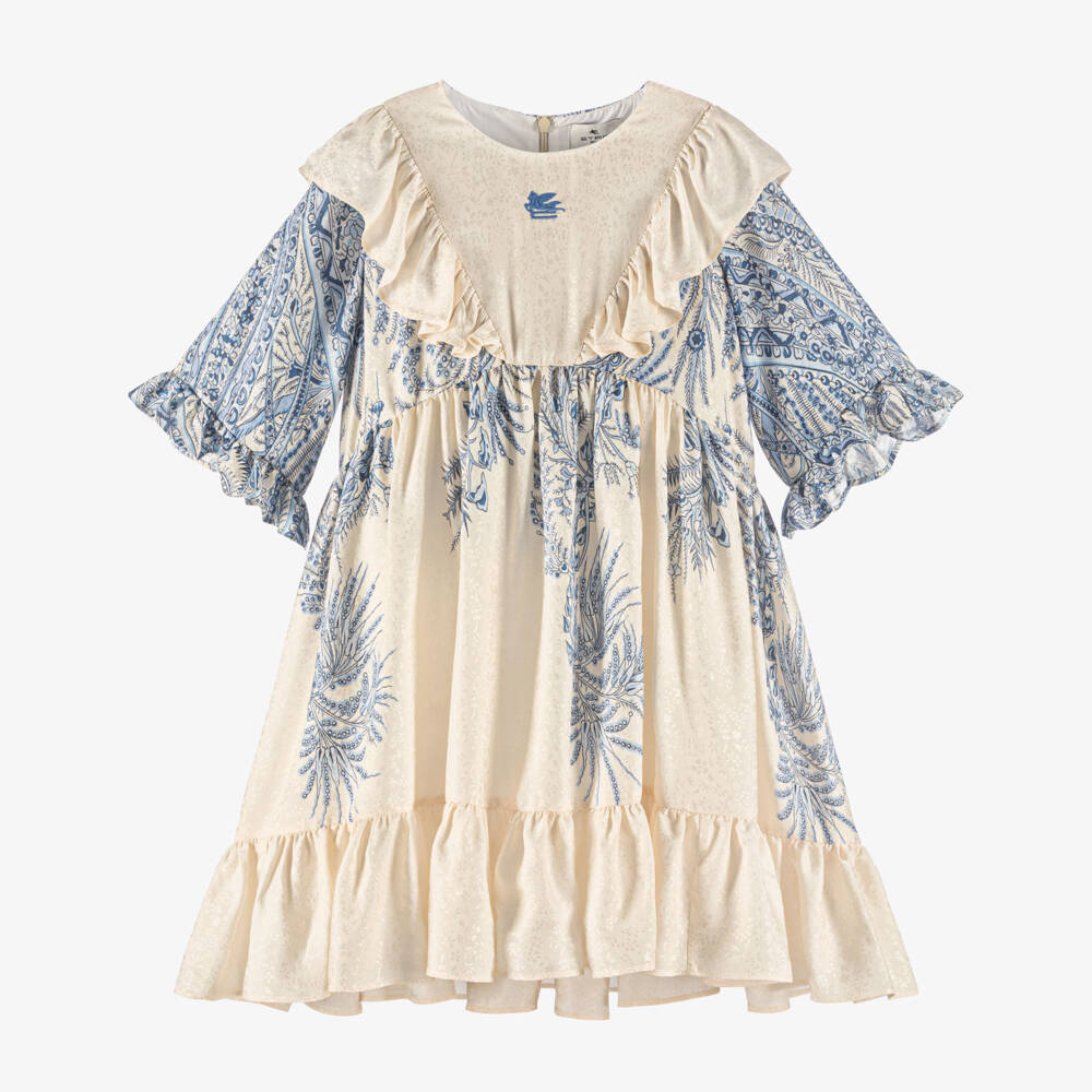 Etro-Girls Ivory & Blue Floral Print Dress with Ruffles | Childrensalon Outlet