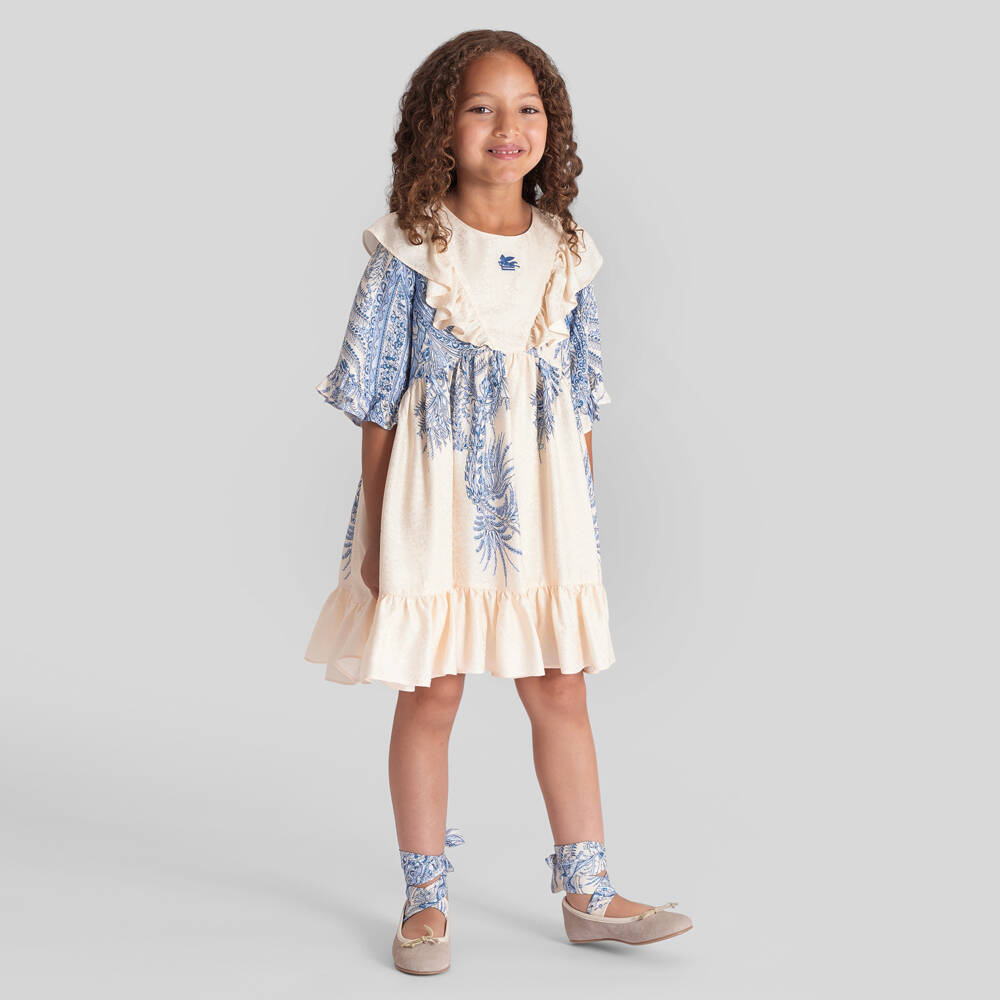 Etro-Girls Ivory & Blue Floral Print Dress with Ruffles | Childrensalon Outlet