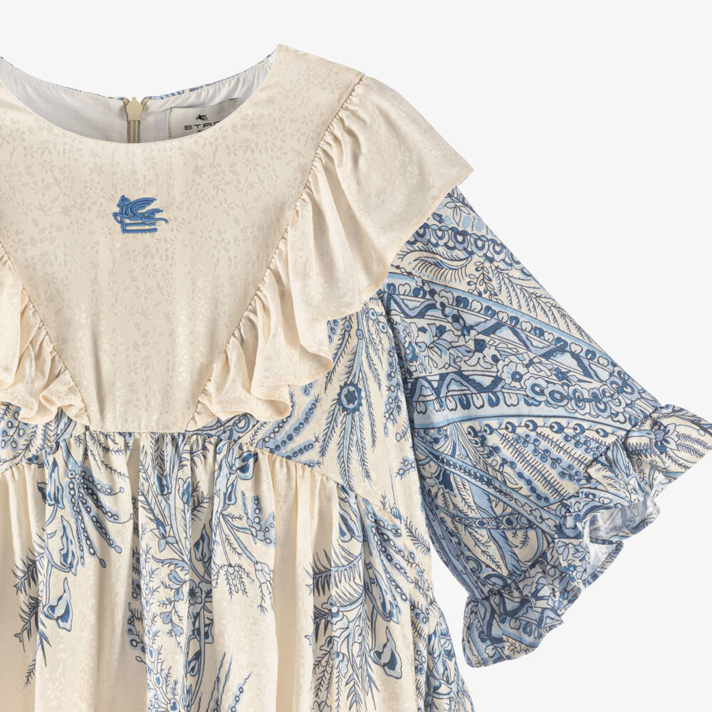 Etro-Girls Ivory & Blue Floral Print Dress with Ruffles | Childrensalon Outlet