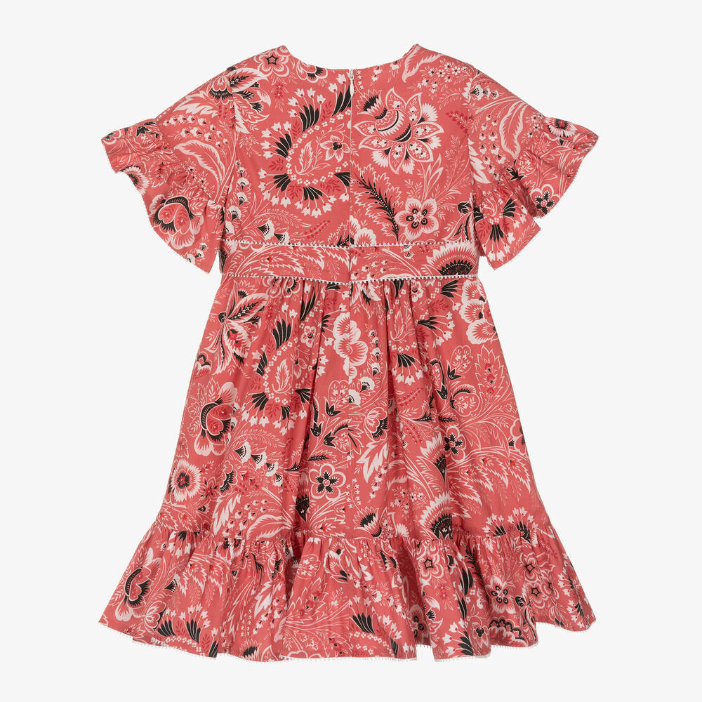 Etro-فستان قطن بوبلين لون زهري بطبعة ورود | Childrensalon Outlet