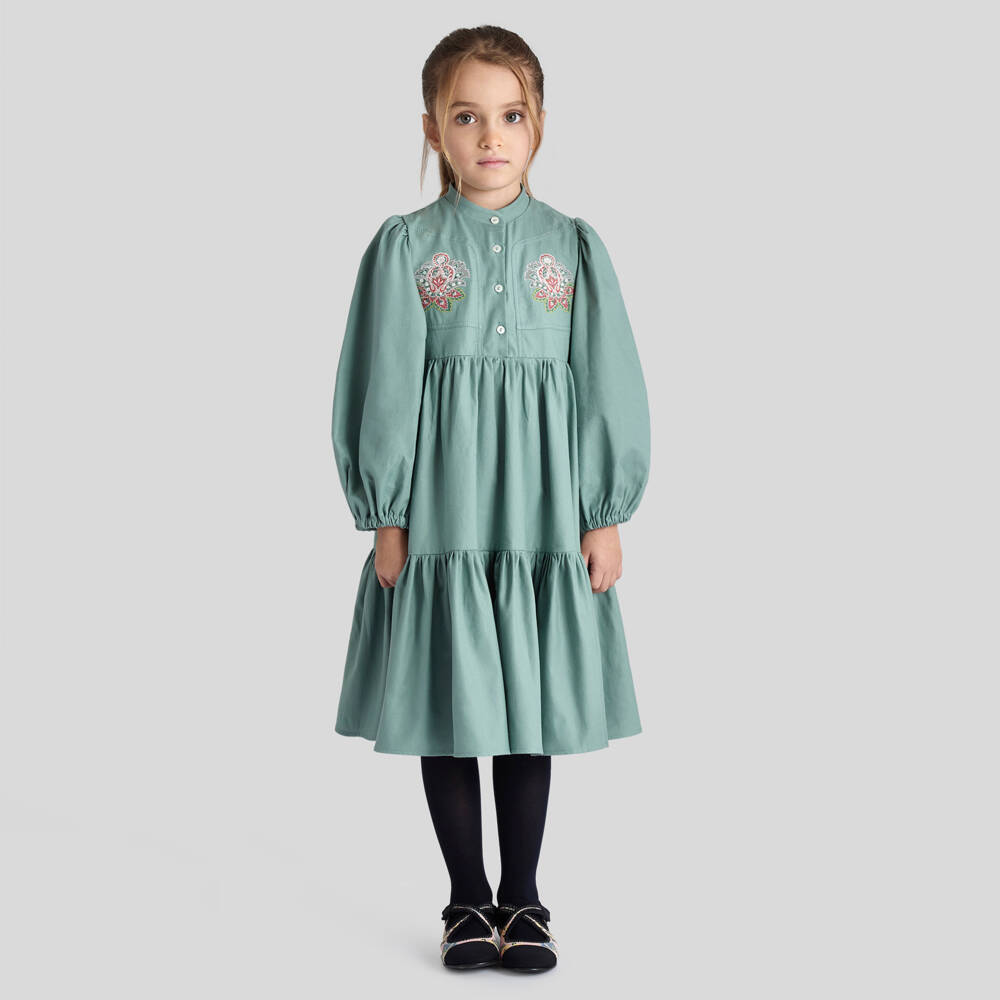 Etro-فستان قطن لون أخضر للبنات | Childrensalon Outlet